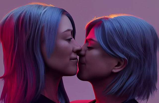 A teenage lesbian kissing her partner